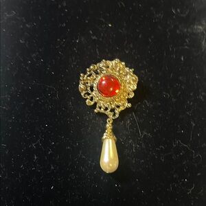 Vintage Gold Tone and Red Brooch with Faux Pearl Drop